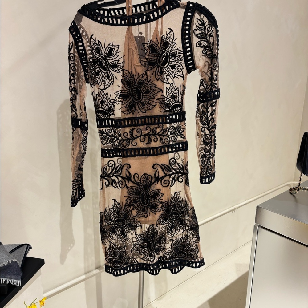 For Love & Lemons Nude Sheer Long Sleeve Dress with Black Embroidery